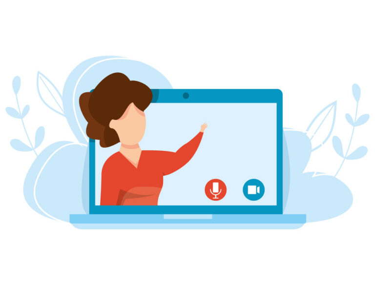 Ilustracja przedstawiająca prowadzącą prezentację online na ekranie laptopa.