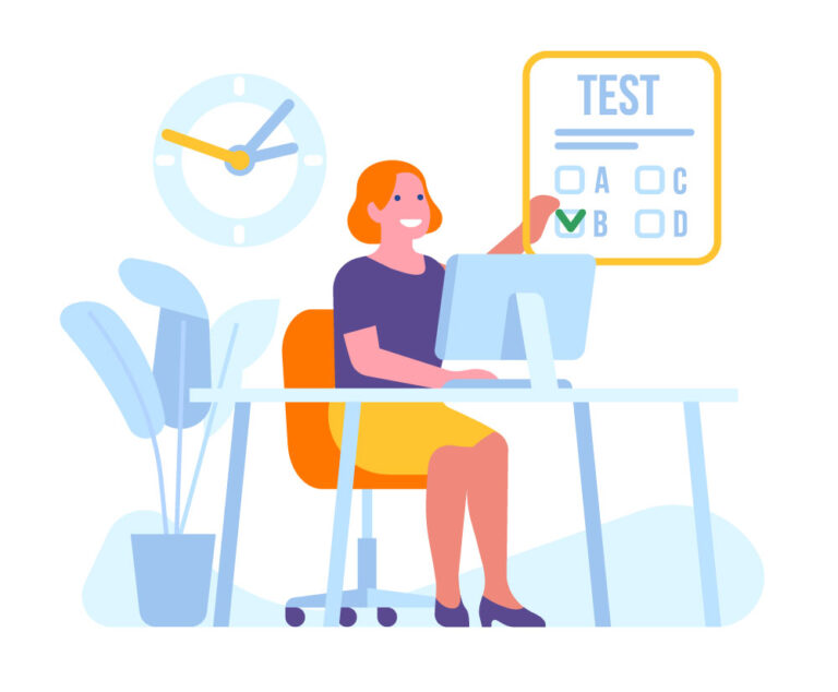 Ilustracja przedstawiająca kobietę rozwiązującą test online przy komputerze.