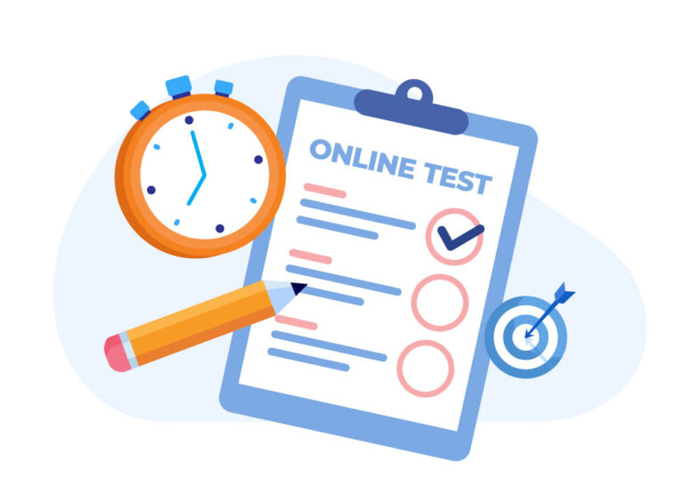 Ilustracja przedstawiająca test online z zaznaczoną odpowiedzią oraz zegarem i tarczą celu.