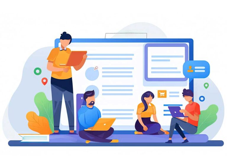 Ilustracja przedstawiająca grupę osób korzystających z platformy edukacyjnej online.