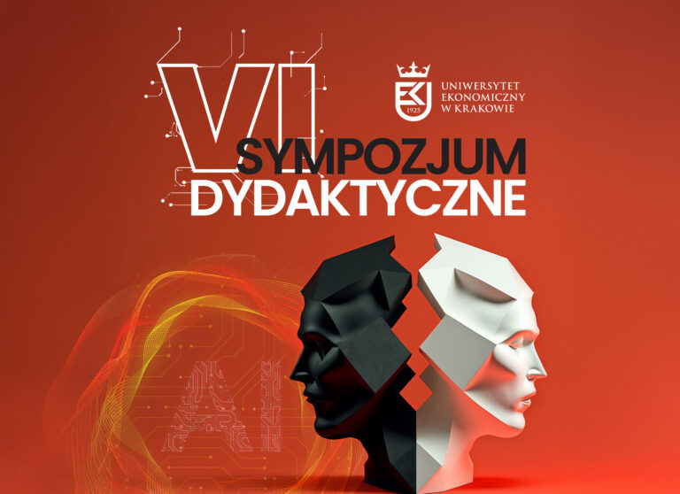 Zdjęcie przedstawia plakat VI sympozjum dydaktycznego UEK, dwie głowy czarna i biała na pomarańczowym tle, tekst informujacy
